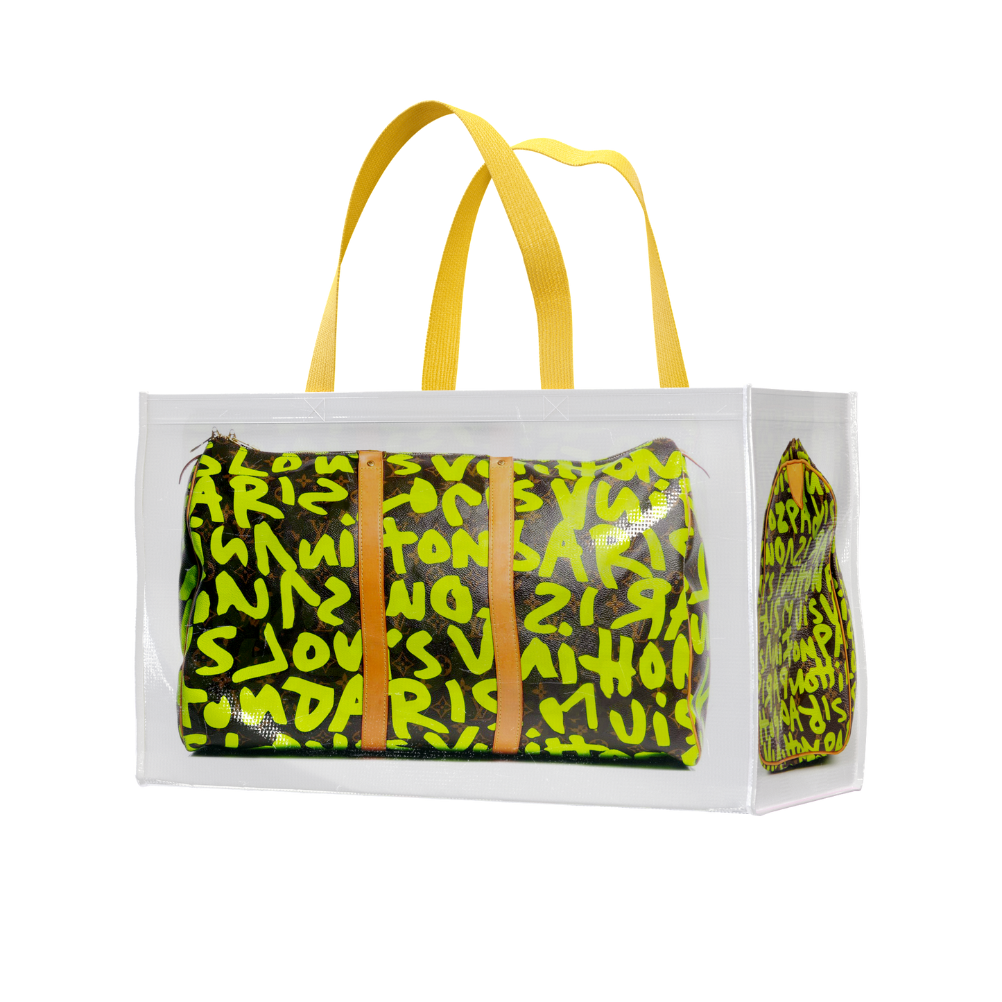 TITA GEMMA DUFFLE GROCERY BAG, NEON GREEN GRAFFITI MONOGRAM, LARGE