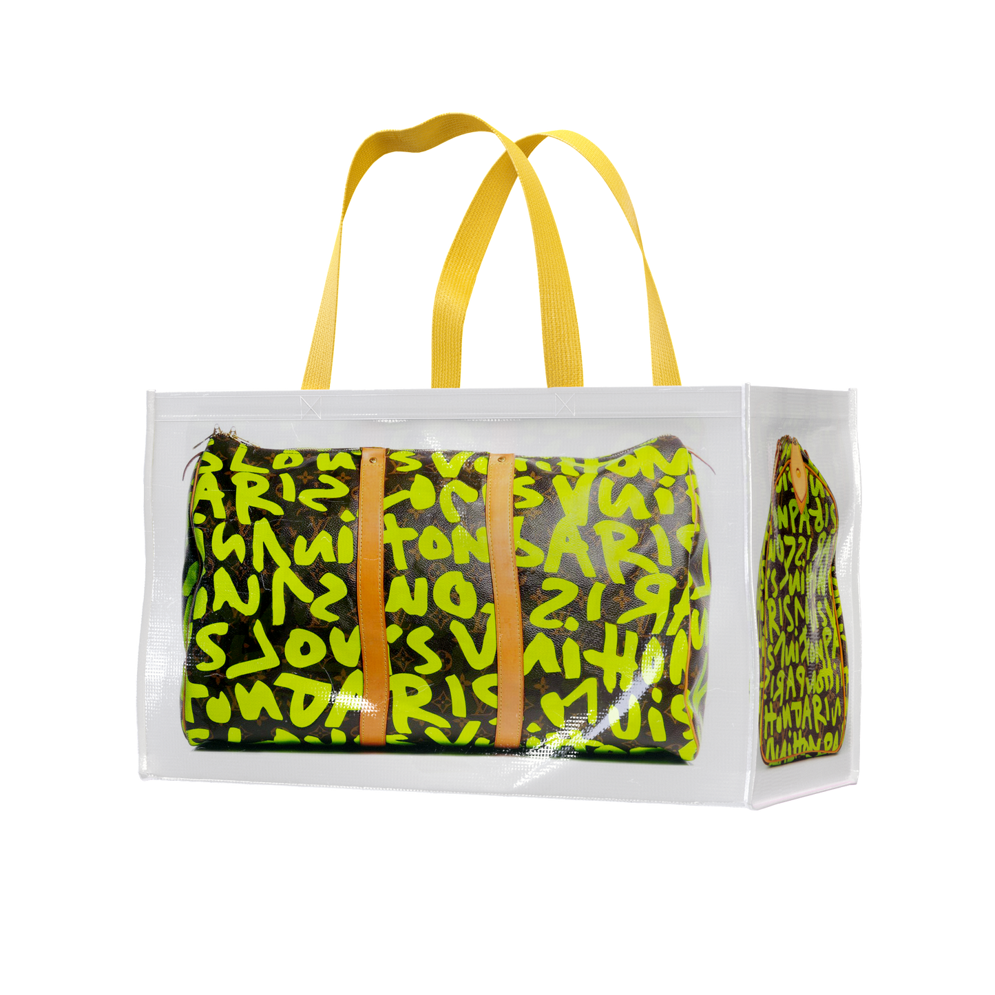 TITA GEMMA DUFFLE GROCERY BAG, NEON GREEN GRAFFITI MONOGRAM, LARGE